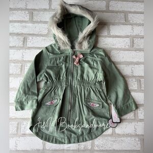 Little Lass Girls Green Floral‎ Embroidered Faux Fur Hooded Jacket Size 12M